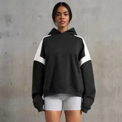 Contrast Colour Drop Shoulder Women's Hooded Sweater - Black - View 1