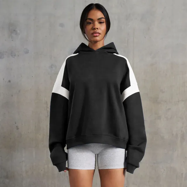 Contrast Color Drop Shoulder Women's Hooded Sweater Black - Shop at LoveMi