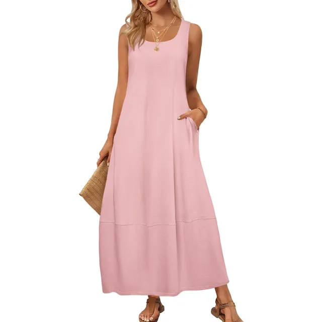 Solid Color Pocket Sleeveless Casual Holiday Dress Pink - Shop at LoveMi
