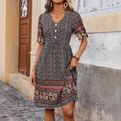 Women V-neck Short Sleeve Bohemian Print Dress - Black - View 1