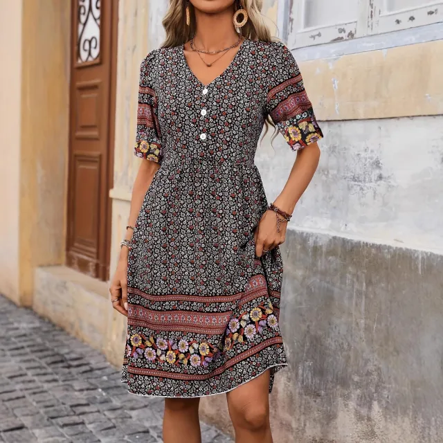 Women V neck Short Sleeve Bohemian Print Dress Black - Shop at LoveMi