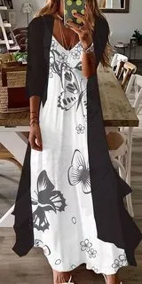 Women's Print Holiday Suspender Dress Indian Style Large Swing Skirt Two-piece Set - Black