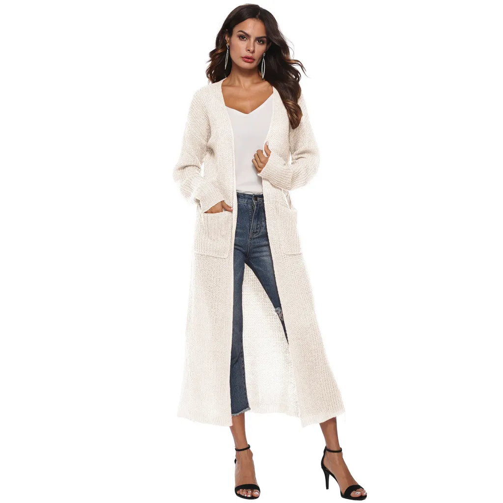 Autumn And Winter New Europe And America Cross Border Women's Long-sleeved Sweater Solid Colour Cardigan Dress Split Dress Female A8019 - Beige