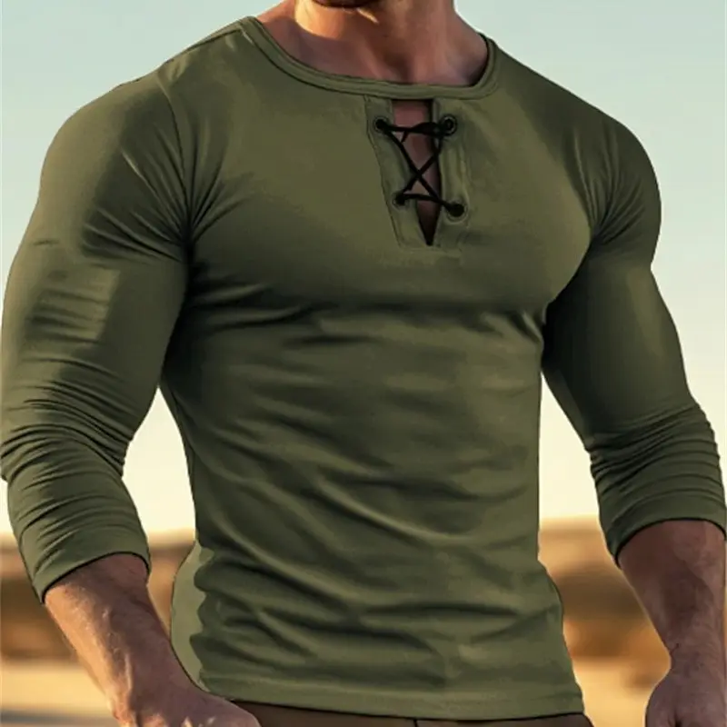 Mens Round-neck Solid-color Long-sleeve Top