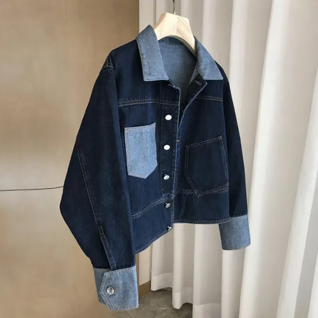 Retro Contrast Color Denim Coat Women's Design Sense Blue - Shop at LoveMi