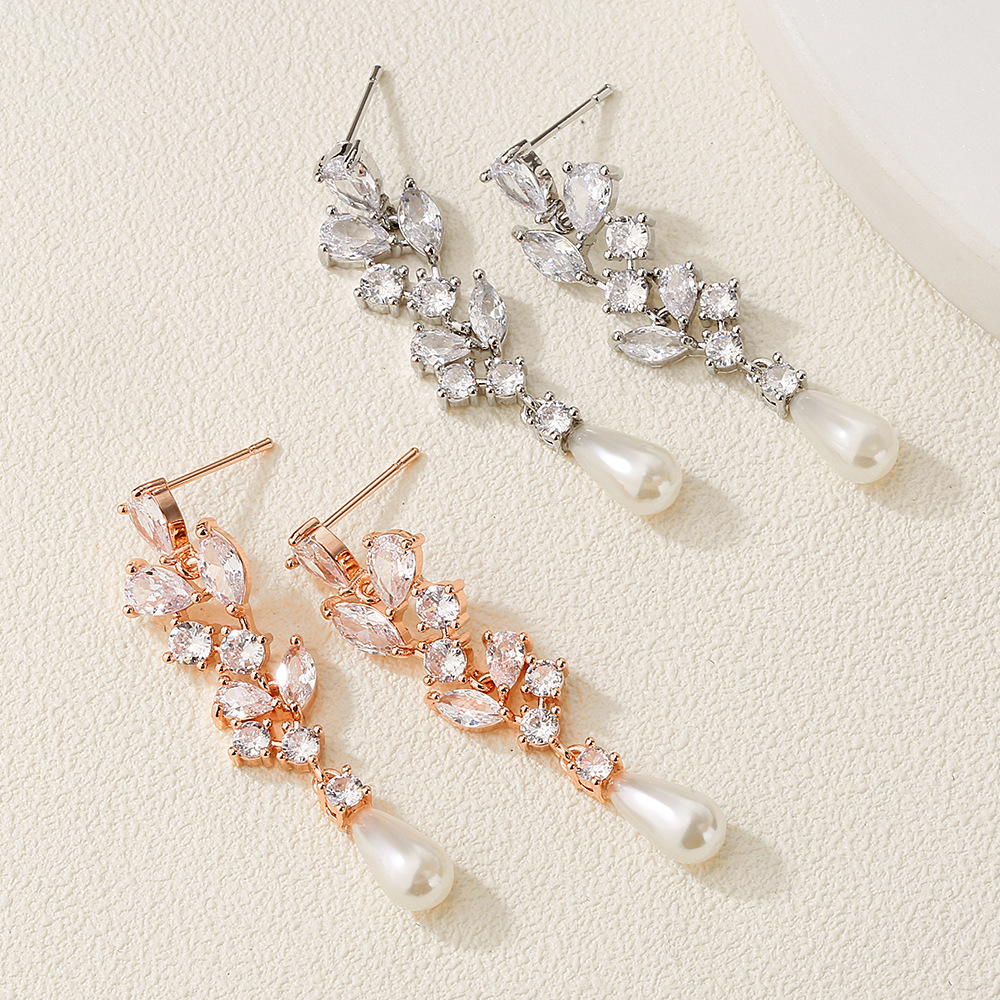 Drop Water Full Earrings Studded With Zircon Pearl Long Ornament Women