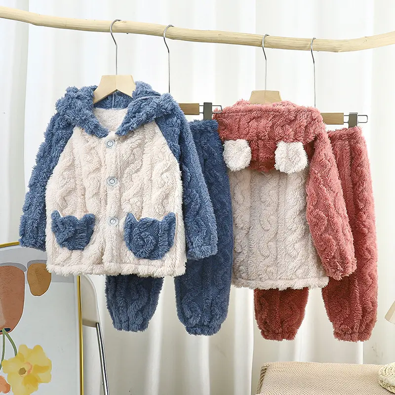 Children's Flannel Pajamas Autumn and Winter Thickening Jacquard Hooded