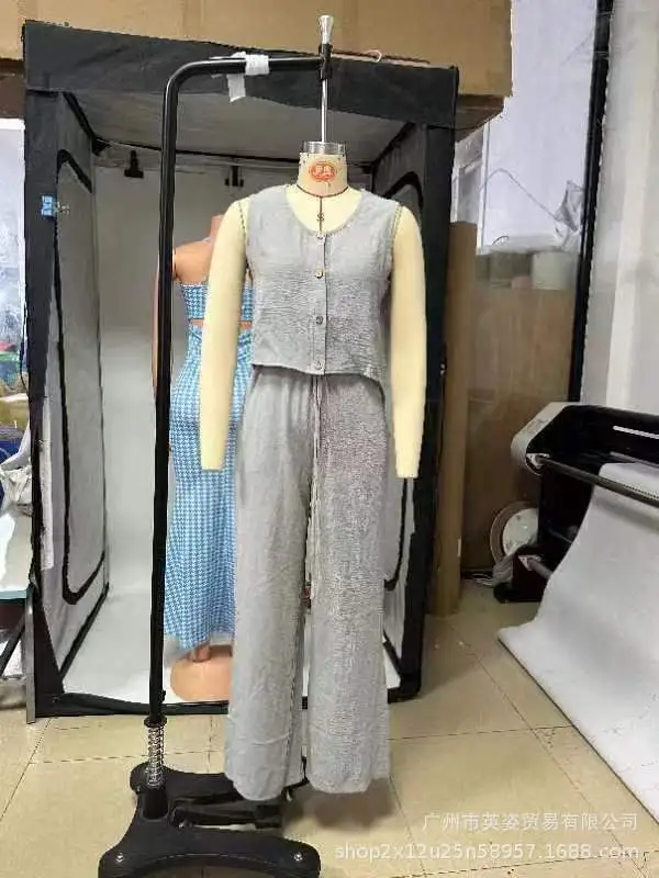 Elegant Women's Suit V neck Vest Loose Wide Leg Pants Gray - Shop at LoveMi
