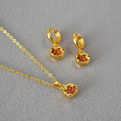 Simple Brass Gold-plated Red Pomegranate Necklace Earrings - Earrings And Necklace - View 1