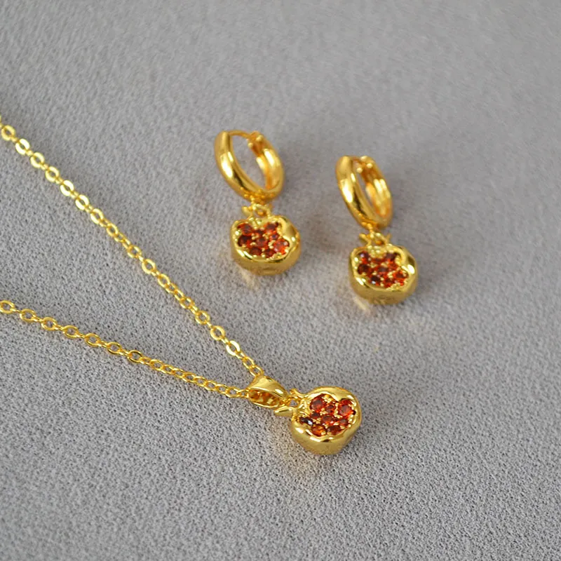 Simple Brass Gold-plated Red Pomegranate Necklace Earrings - Earrings And Necklace