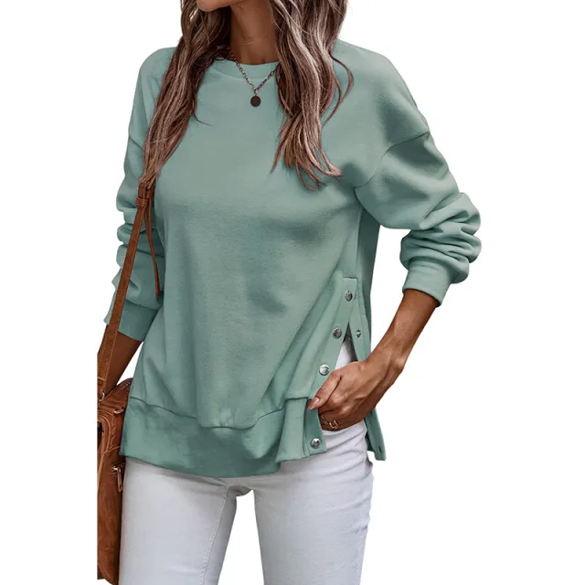 Solid Color Pullover Women's European And American Leisure Style Slit Loose Flab Hiding Long Sleeve Bathroom Lc25316883P1109Color M - Shop at LoveMi