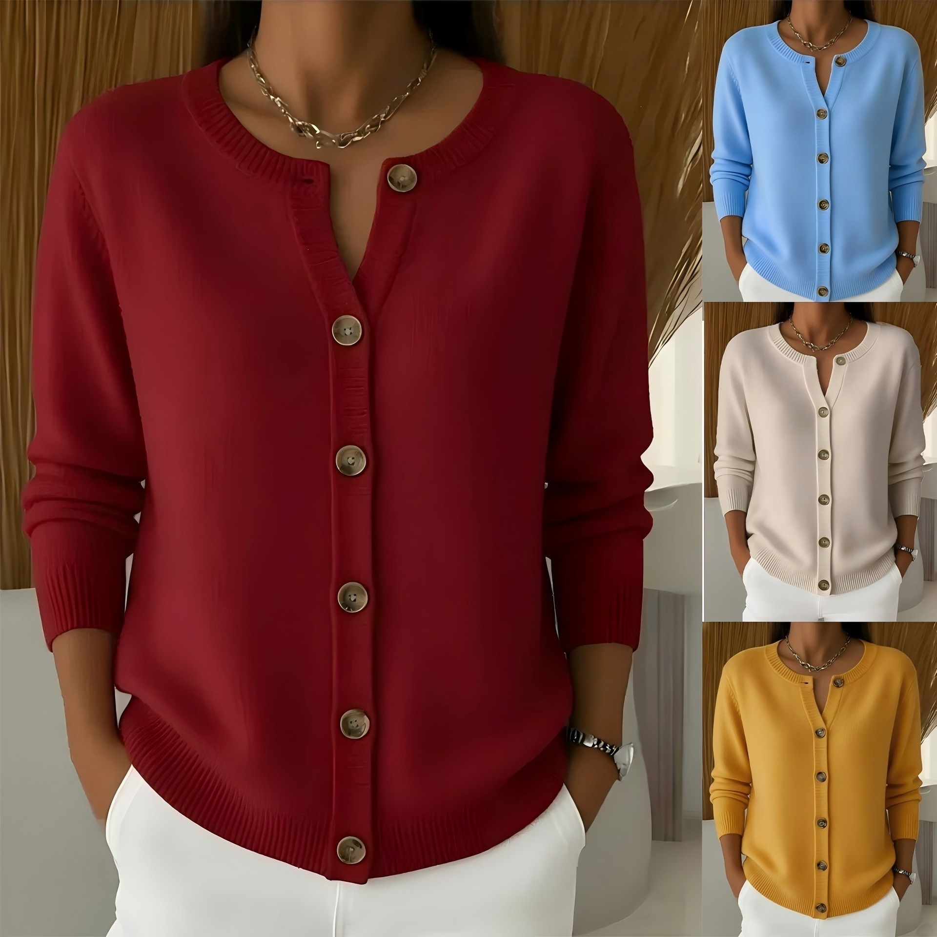 Womens Button-front Cardigan With A Round Neckline Loose-fit Knit Jacket