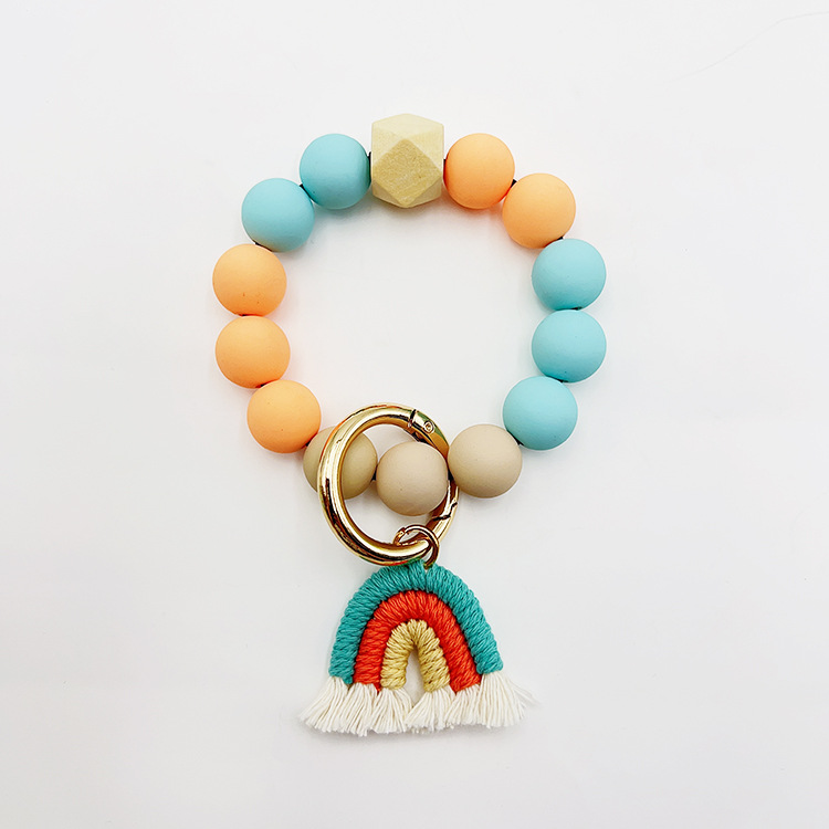 Ornament Rubber Paint Candy Color Round Beads Rainbow Hand-woven Tassel Bangle Bracelet Keychain
