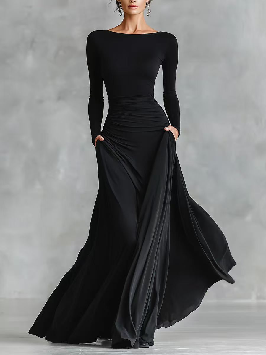 Solid Color Long Sleeve Swing Dress Black - Shop at LoveMi