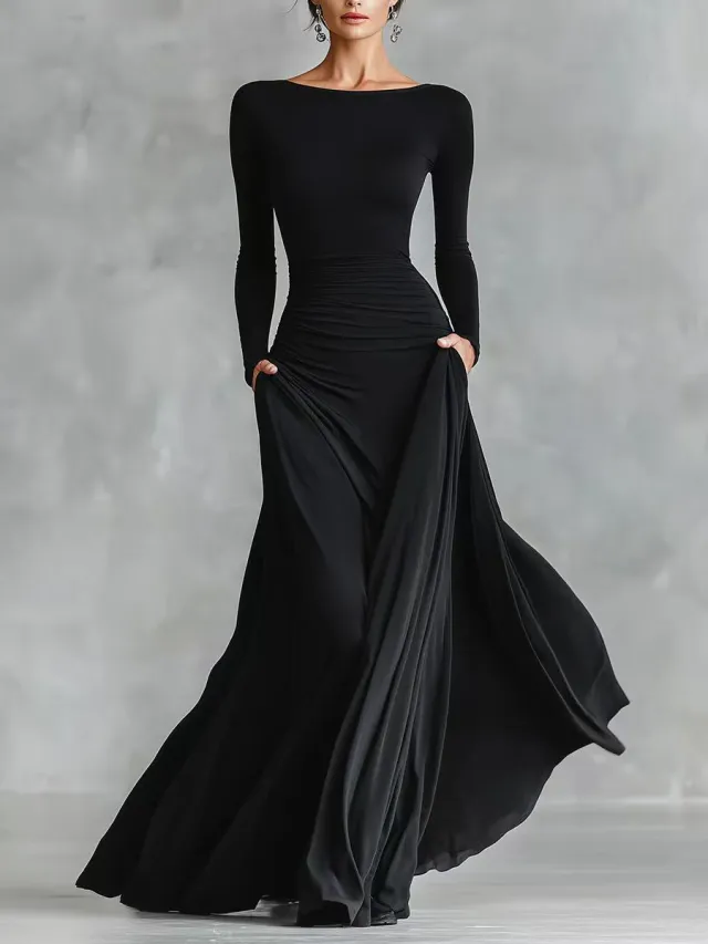 Solid Color Long Sleeve Swing Dress Black - Shop at LoveMi