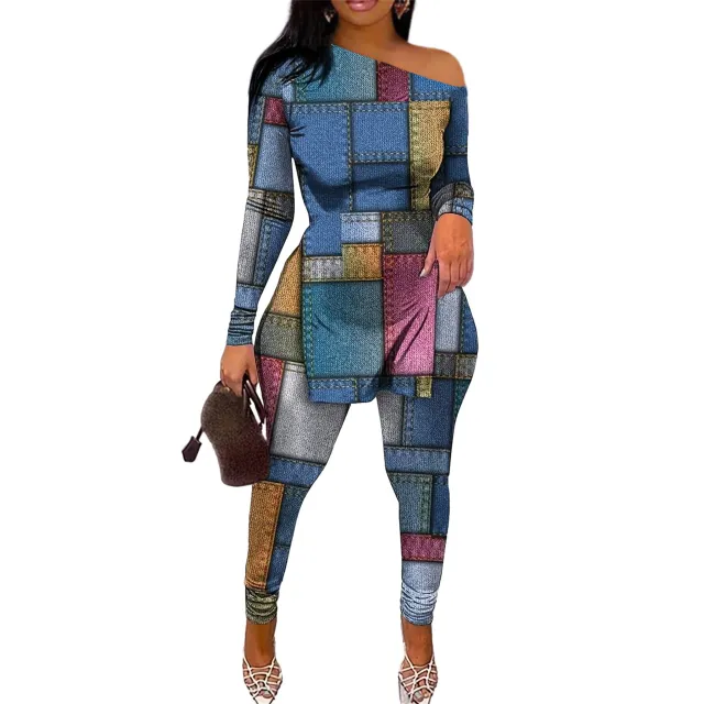 Casual Fashion Pattern Diagonal Shoulder Slit Hemline At Hem Short Sleeve Trousers Suit Multicolor - Shop at LoveMi