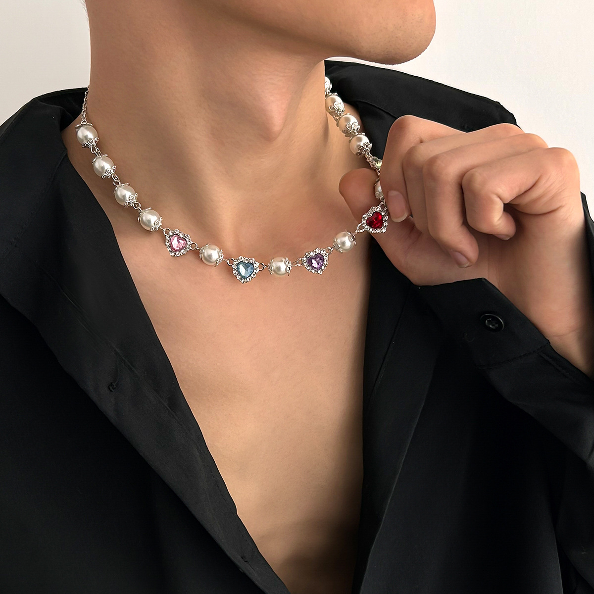 Colorful Crystals Love Pearl Stitching Necklace