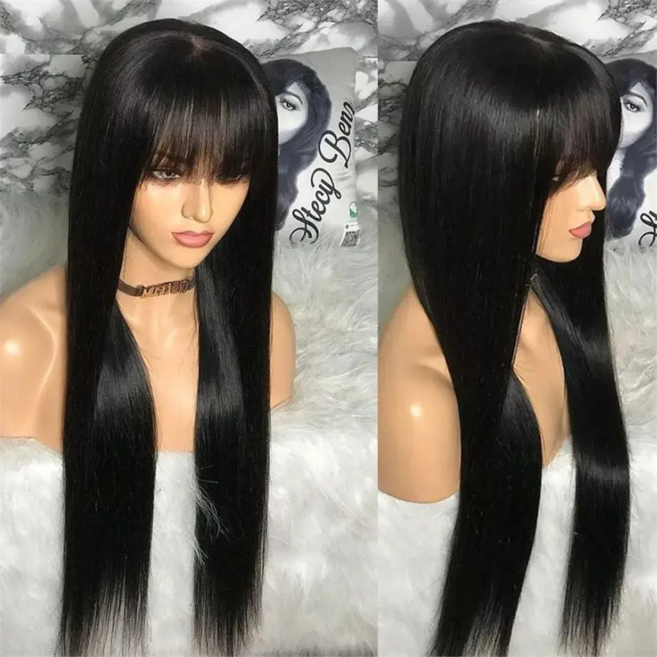 Human Hair Wig with Bangs, Straight Black Hairpiece for Women