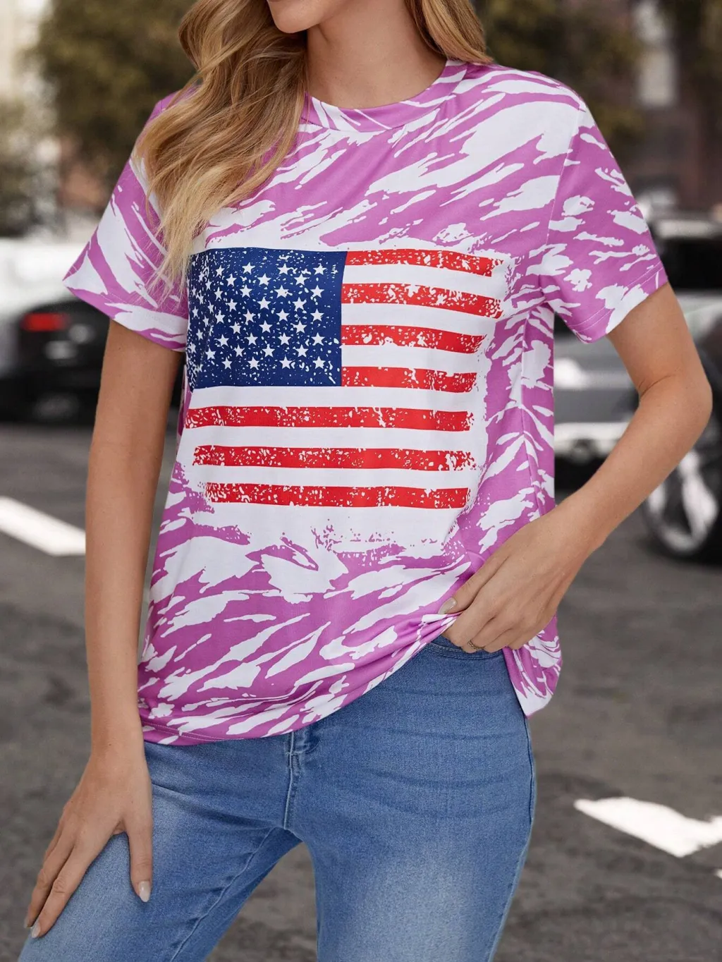 Flag Print T-shirt Crew Neck Casual - 3E5Z4Gx