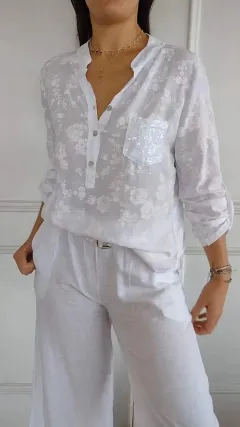 Loose Casual Long Sleeves Printed Sequined Pocket Shirt - White - View 1