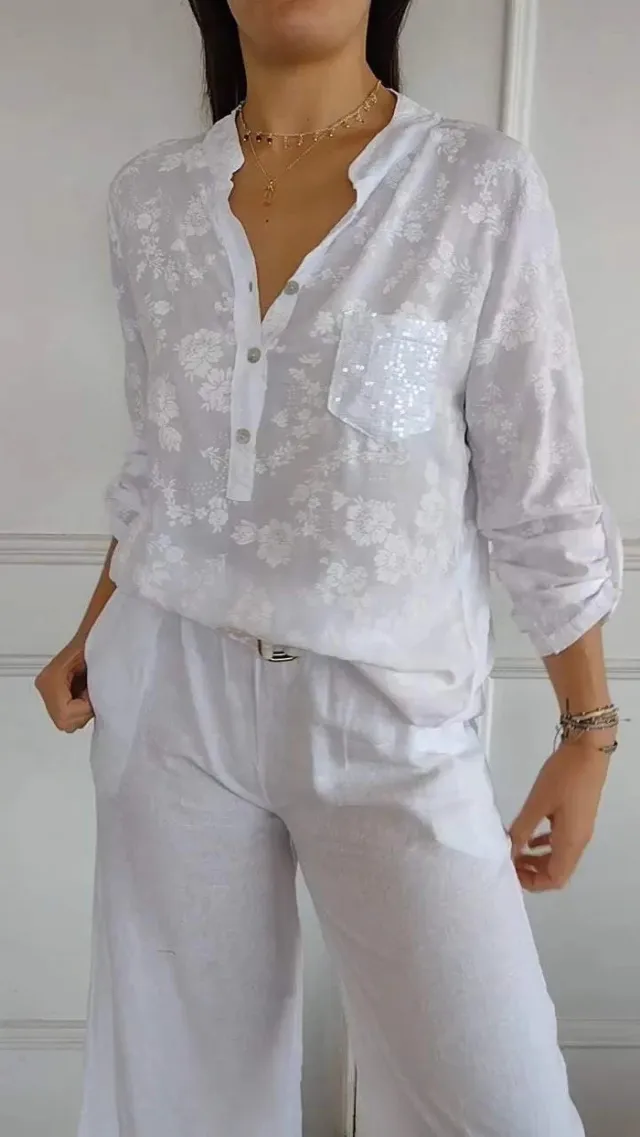 Loose Casual Long Sleeves Printed Sequined Pocket Shirt White - Shop at LoveMi