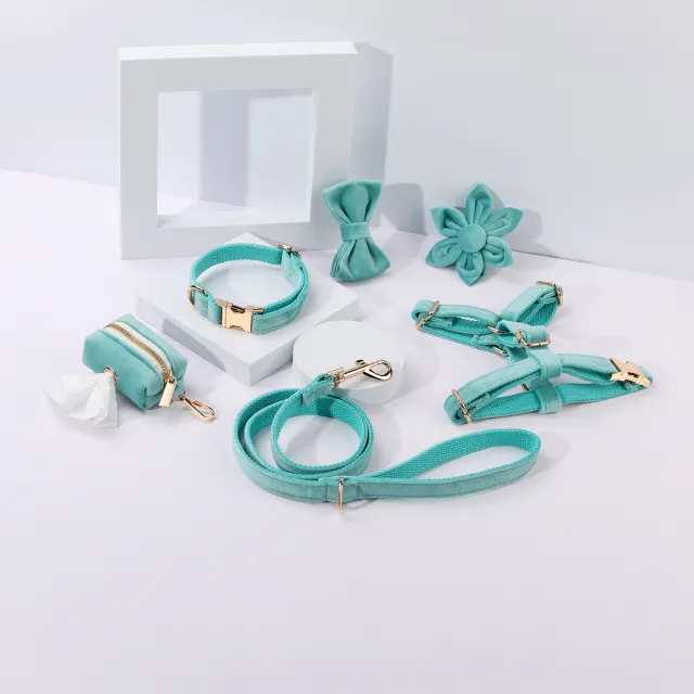 Classic Velvet Soft Pet Collar Traction Rope Suit Lake Green Velvet - Shop at LoveMi