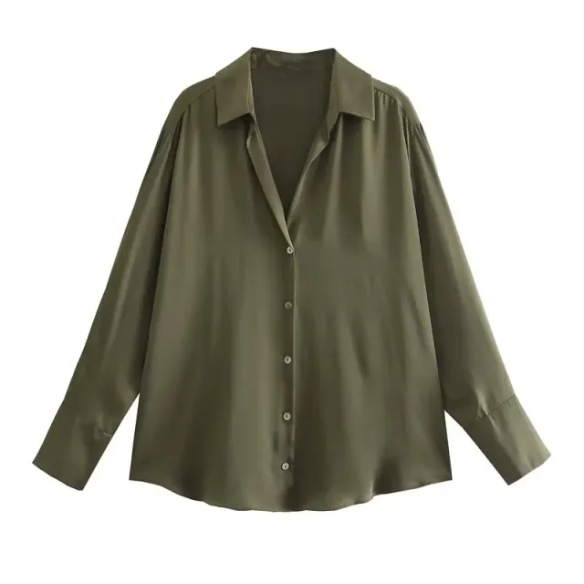 All match Silk Satin Texture Draping Long sleeved Shirt For Women Deep Khaki - Shop at LoveMi