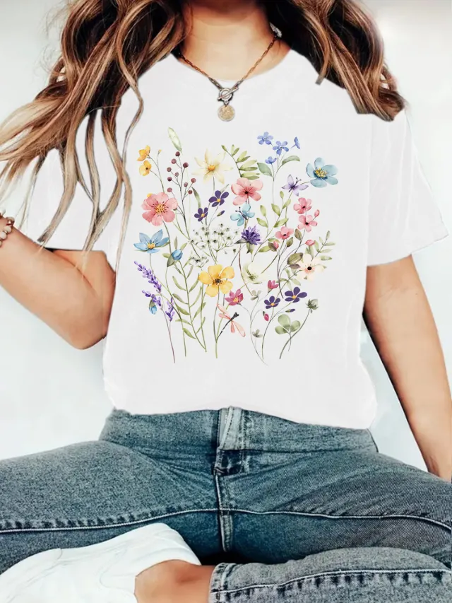 Elegant T shirt With Floral Print, Women's Short sleeve White - Shop at LoveMi