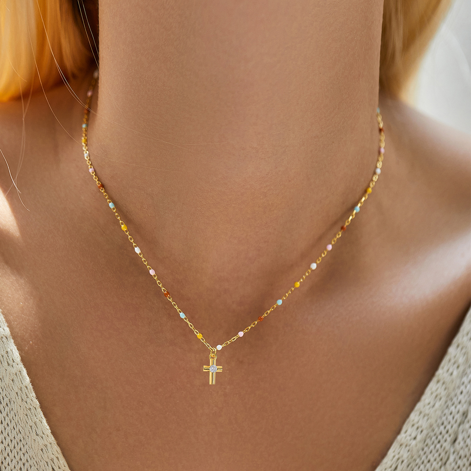 Dopamine Color Matching Rainbow Beanie Mini Cross Diamond-studded Necklace Female - Jewelry & Watches