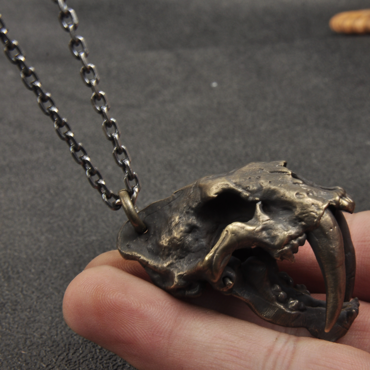 Vintage Brass Saber-toothed Cat Skull Pendant Necklace