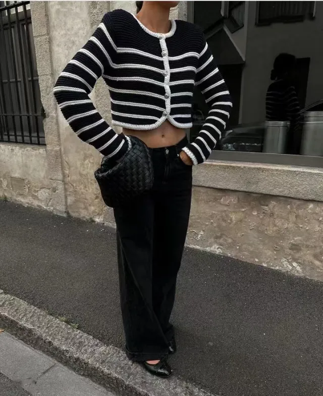 Round Neck Striped Buckle Sweater Cardigan Coat Black - Shop at LoveMi