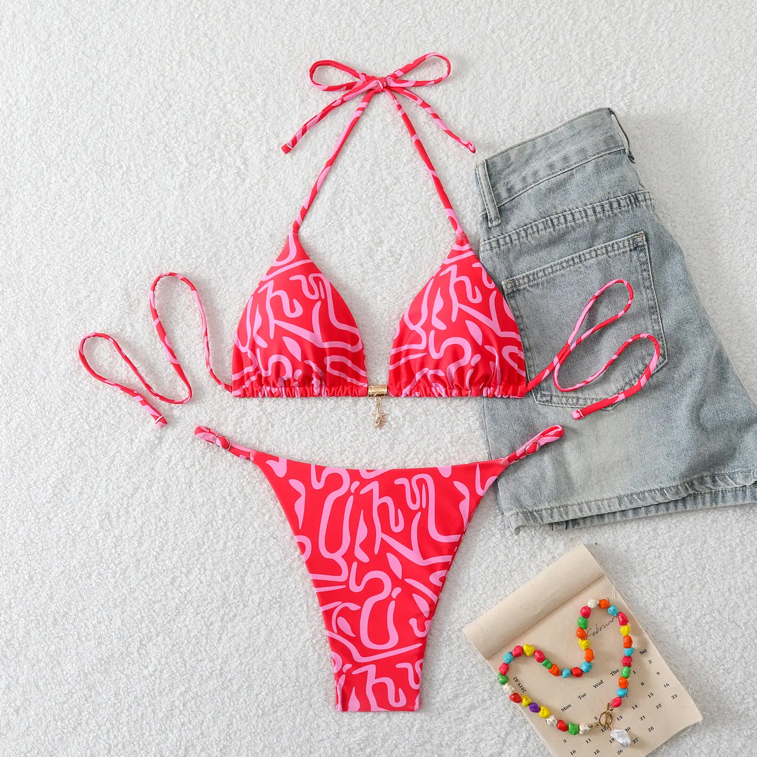 Lace-up Halter Two-piece Bikini Split Swimsuit