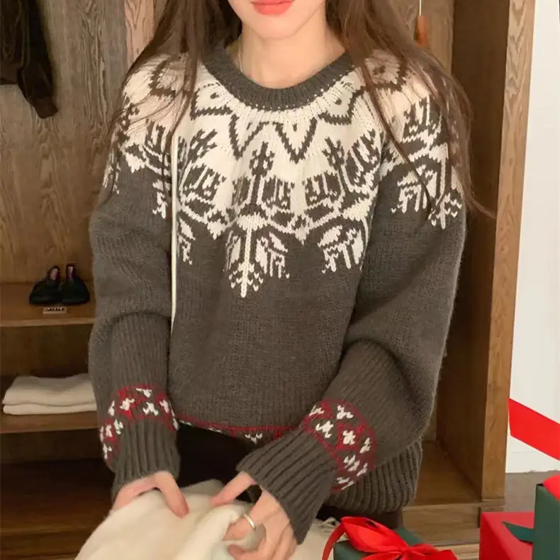 Korean Style Retro Gray Round-collar Sweater