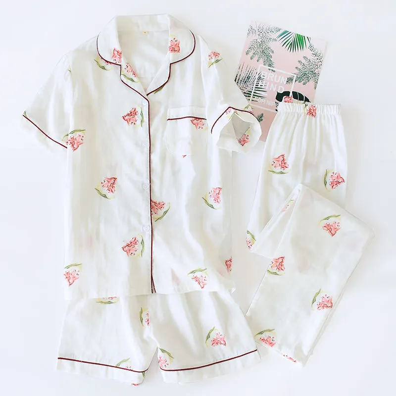 Women's Plus Size Cotton Short Sleeve Pajamas Three-piece Set - White Watermelon
