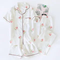 Women's Plus Size Cotton Short Sleeve Pajamas Three-piece Set - White Watermelon - View 1