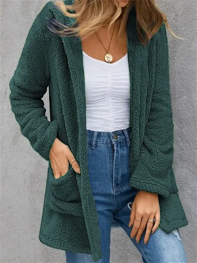 New Women's Cardigan Double Pocket Hooded Solid Color Fleece Cardigan Jacket Green - Shop at LoveMi