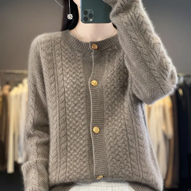 Round Neck Twisted Wool Flowery Jacket Women Dark Camel - Shop at LoveMi
