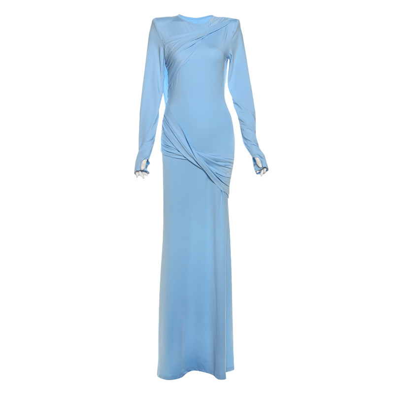 Polyester Women's Slim Fit Backless Long Sleeve Solid Color Dress Blue - Shop at LoveMi
