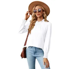 Women's Lace Collar Lantern Sleeve Loose Pleated T-shirt - White - View 1