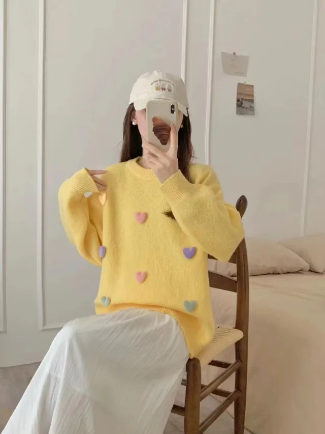 Loose And Lazy Style Sweet Knitted Sweater Pullover Autumn And Winter New Yellow - Shop at LoveMi