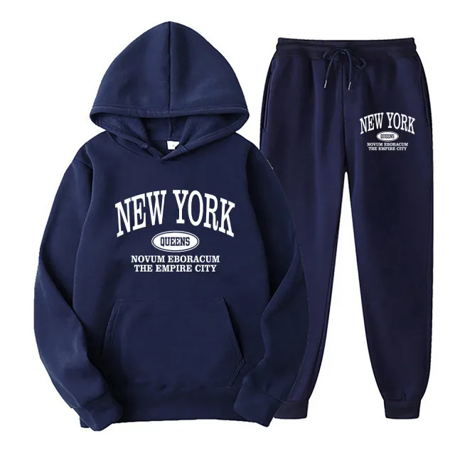 European And American Men's Hoodie Sweater Suit Fashion Printed Two piece Suit Navy Blue - Shop at LoveMi