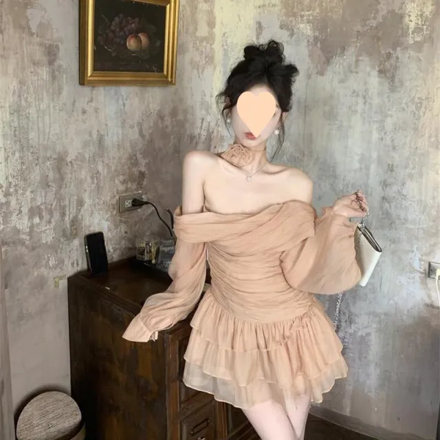 Pure Style Tube Top Dress Women's Summer Pleated Slightly Transparent Brown Free Scarf - Shop at LoveMi