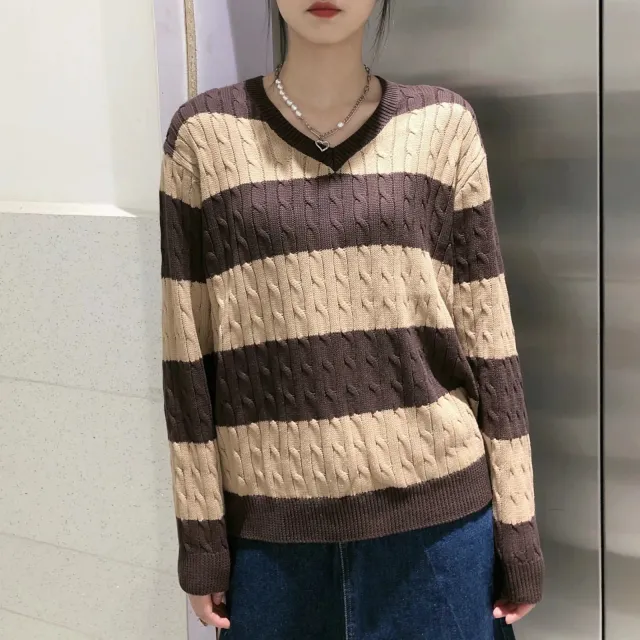 European And American Striped Cable knit Sweater V neck Loose Sweater For Women Brown Khaki - Shop at LoveMi