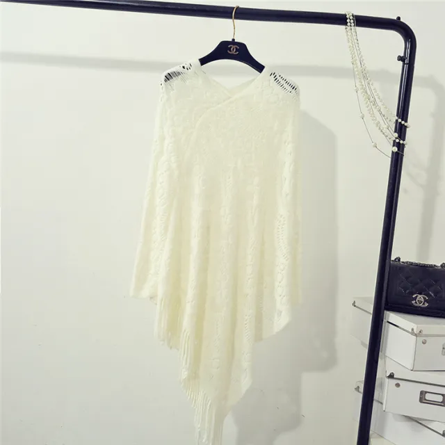 Women's Knitted Crocheted Hollow Irregular Tassel Pullover Sweater White - Shop at LoveMi
