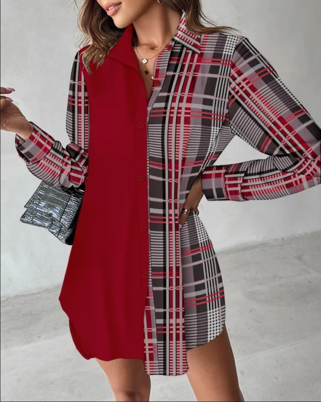 Long Sleeve Printed Patchwork Button Dress Shirt For Women Red Plaid - Shop at LoveMi