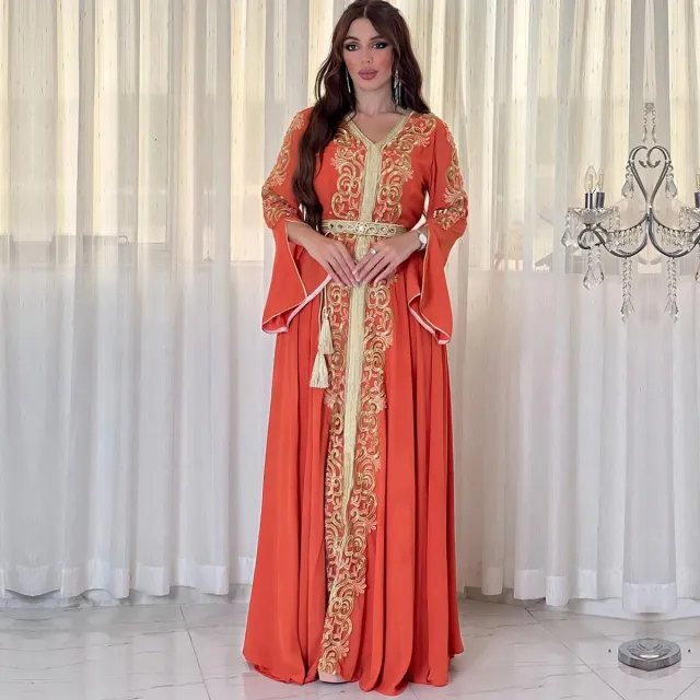 3737 Guerbang Arab Dubai Foreign Trade Embroidery Applique Dress Orange - Shop at LoveMi