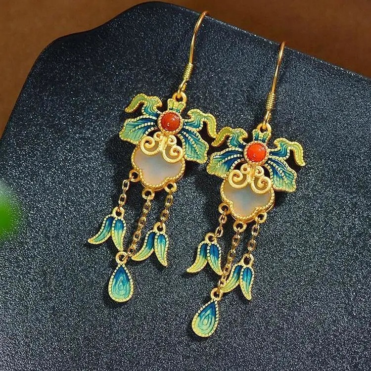S925 Silver Inlaid Hetian Clover Simple Fashion Burnt Blue Ethnic Style Women's Earrings