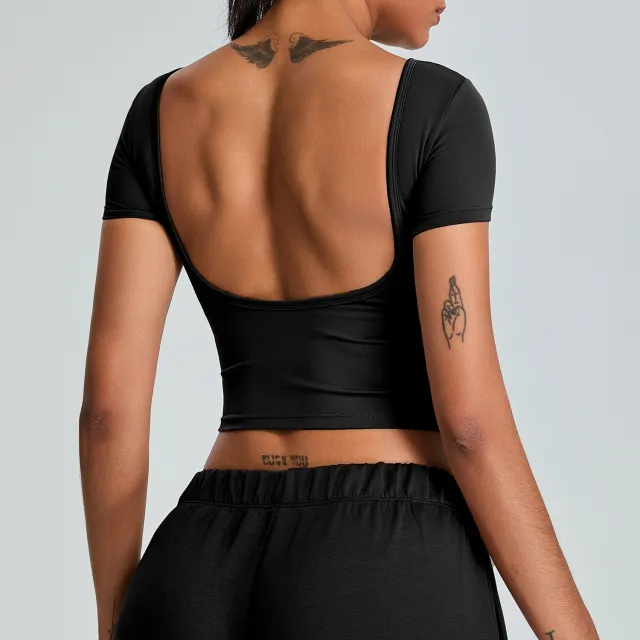 Sexy Beauty Back Yoga Clothes Short Sleeve Tight Quick drying Exercise T shirt Black - Shop at LoveMi