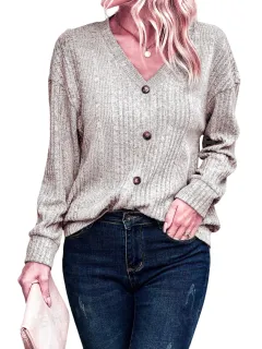 Women's Knitted Button Sweater Casual Long Sleeve Loose Top - Apricot - View 1