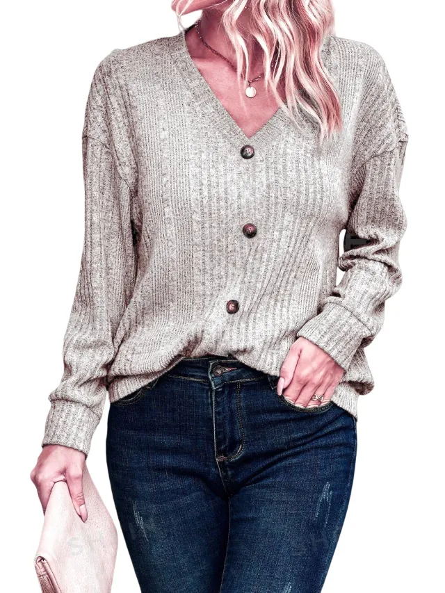 Women's Knitted Button Sweater Casual Long Sleeve Loose Top Apricot - Shop at LoveMi